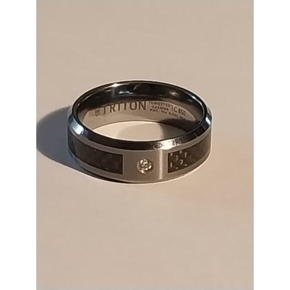 BAND RING MEN'S TUNGSTEN CARBIDE BLACK CARBON FIBER & DIAMOND WEDDING size 12 - Picture 2 of 7